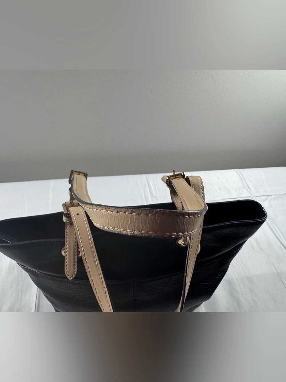 Michael Kors Bedford Black Pebbled Leather Tote with Tan Trim